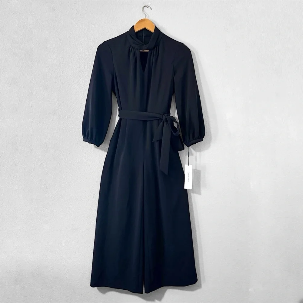 New Calvin Klein Jumpsuit Black Sz 2 Wide Crop High Neck Peep Hole, Tie, Pocket